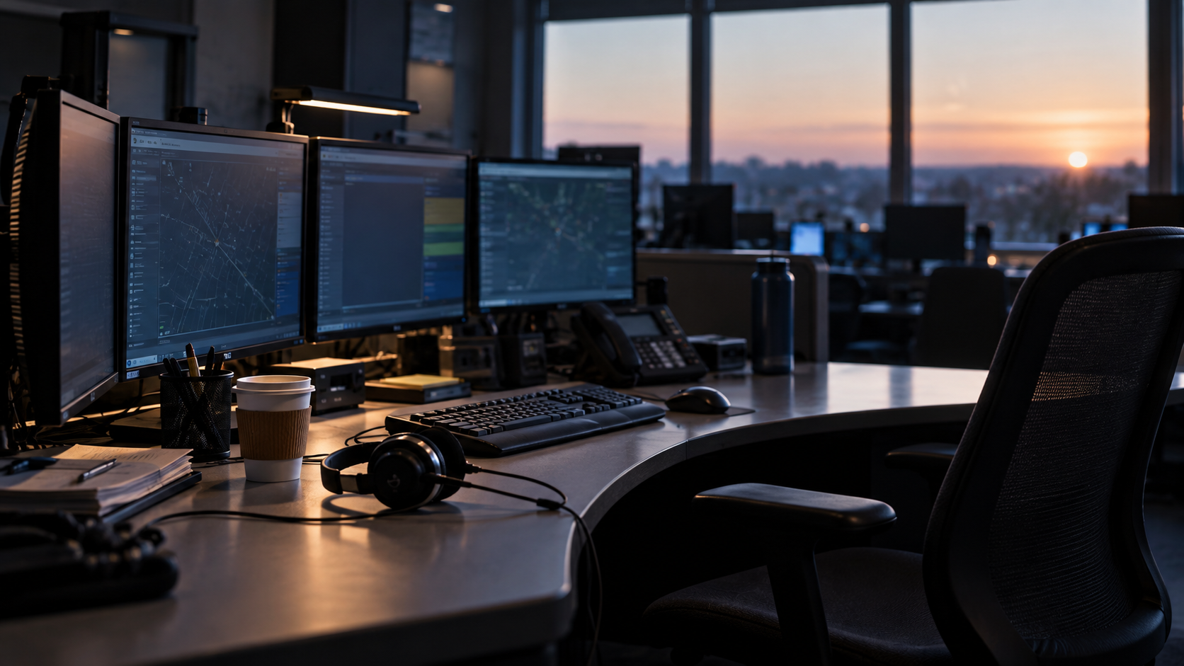 An empty emergency dispatch console at dawn