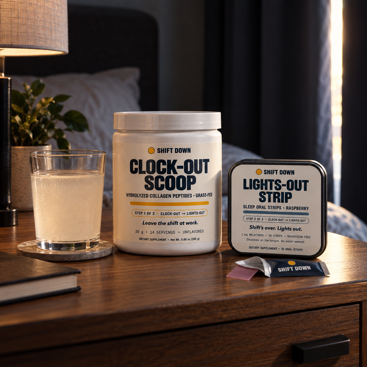 Shift Down collagen and sleep strips arranged as a bedside morning ritual